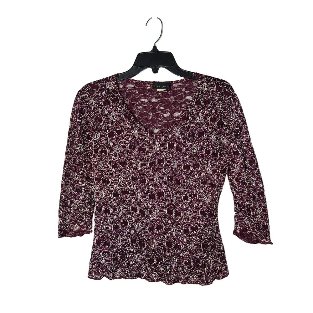 Brittany Black Burgundy Lace V-Neck‎ 3/4 Sleeves Top Medium Y2K Party Holiday - Picture 3 of 11
